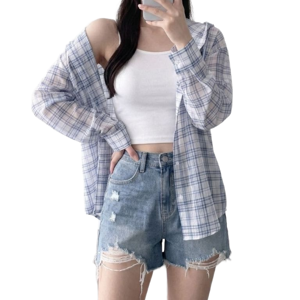 여름 살안타템 체크 후드 셔츠 루즈핏 얇은 긴팔 남방 이미지 7