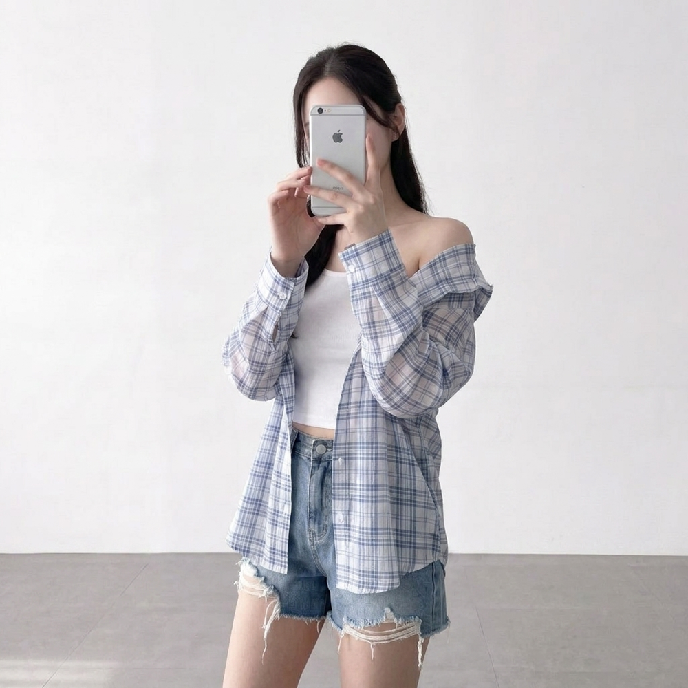 여름 살안타템 체크 후드 셔츠 루즈핏 얇은 긴팔 남방 - 상세 이미지 5