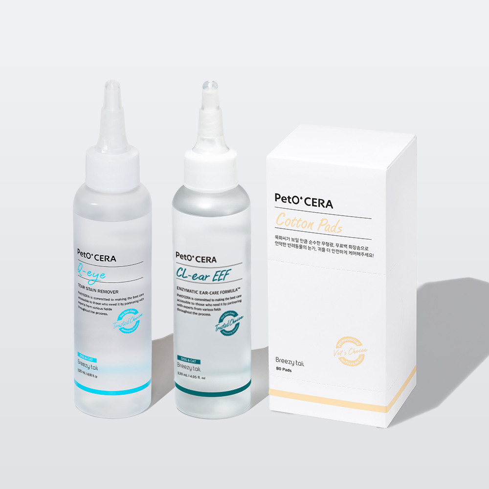 페토세라 강아지 고양이 눈가 귀 세정 세트 (큐아이120ml+클리어EEF120ml+보송보솜80매) - 상품 이미지