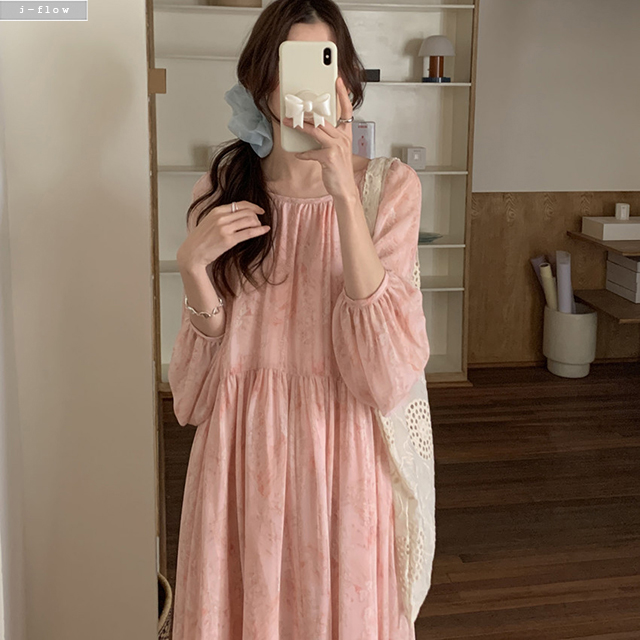 캔비 은은 플라워 쉬폰 루즈핏 맥시 롱원피스 2col 봄 여름 백리스 뒷매듭 제이플로우 이미지 6