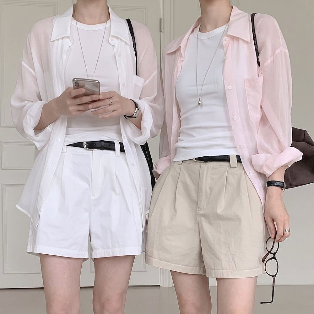 러피 린넨셔츠 여성 여름 시스루 루즈핏 카라 긴팔 남방 살안타템 커버업 데일리 - 상품 이미지