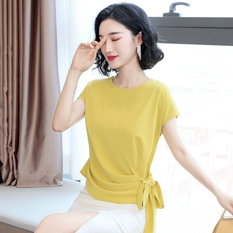 루즈핏 여성 상의 기본티 반팔 여자 티셔츠 옆매듭 언발라인 드레이프 블루 M - 상세 이미지 3