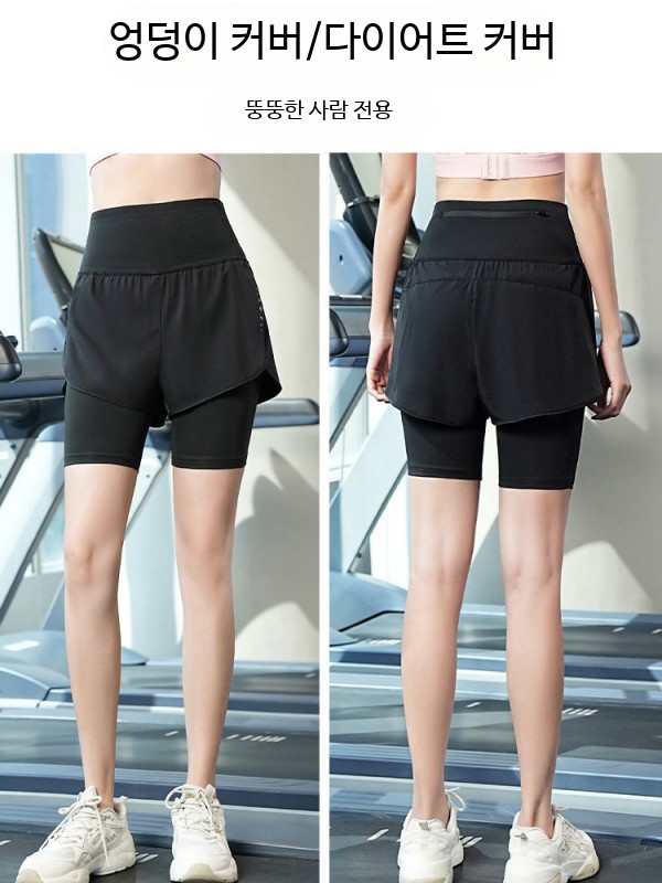 여성 러닝 쇼츠 투인원 반바지 5부 롱 레깅스 운동 주머니 블랙 반바지 M - 상세 이미지 4