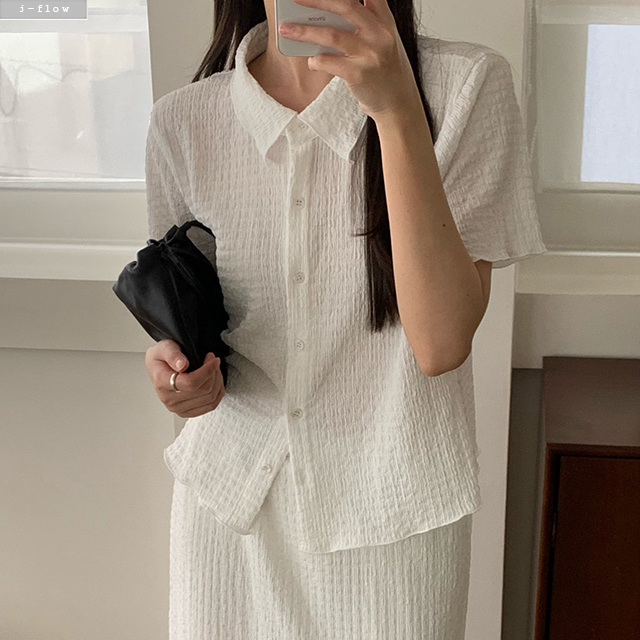 케이리 엠보 반팔 카라 블라우스 2col 여름 스탠다드 부클 셔츠 시어서커 제이플로우 - 상세 이미지 2