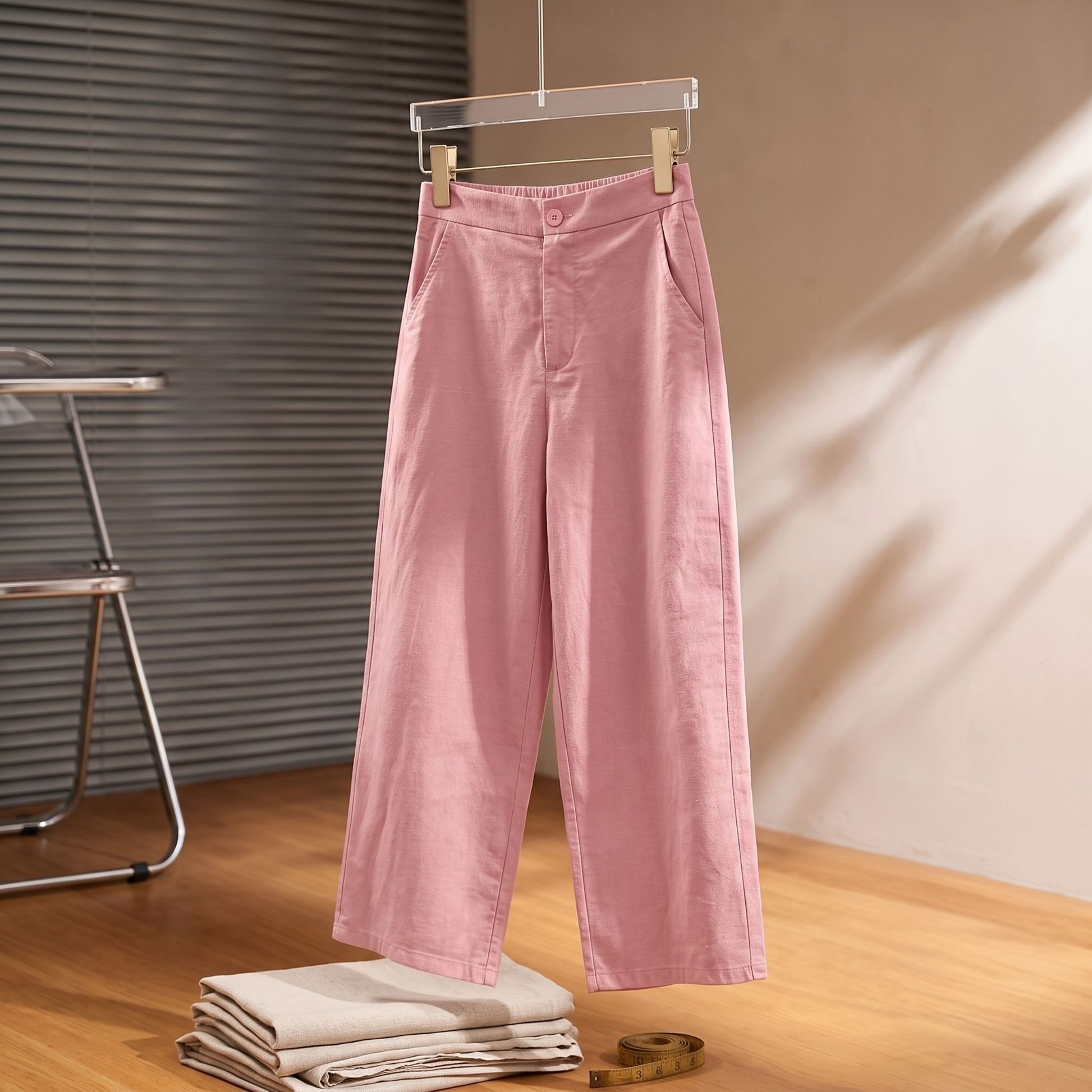 여성스트레이트팬츠 하이웨스트 슬림핏 여름 핑크 S 40-47.5kg - 상품 이미지