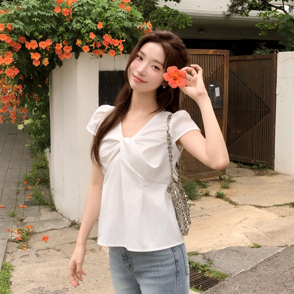 (국내제작) (여름출근룩하객룩블라우스) 꼬임 캡소매 블라우스 bs8857 - 상품 이미지