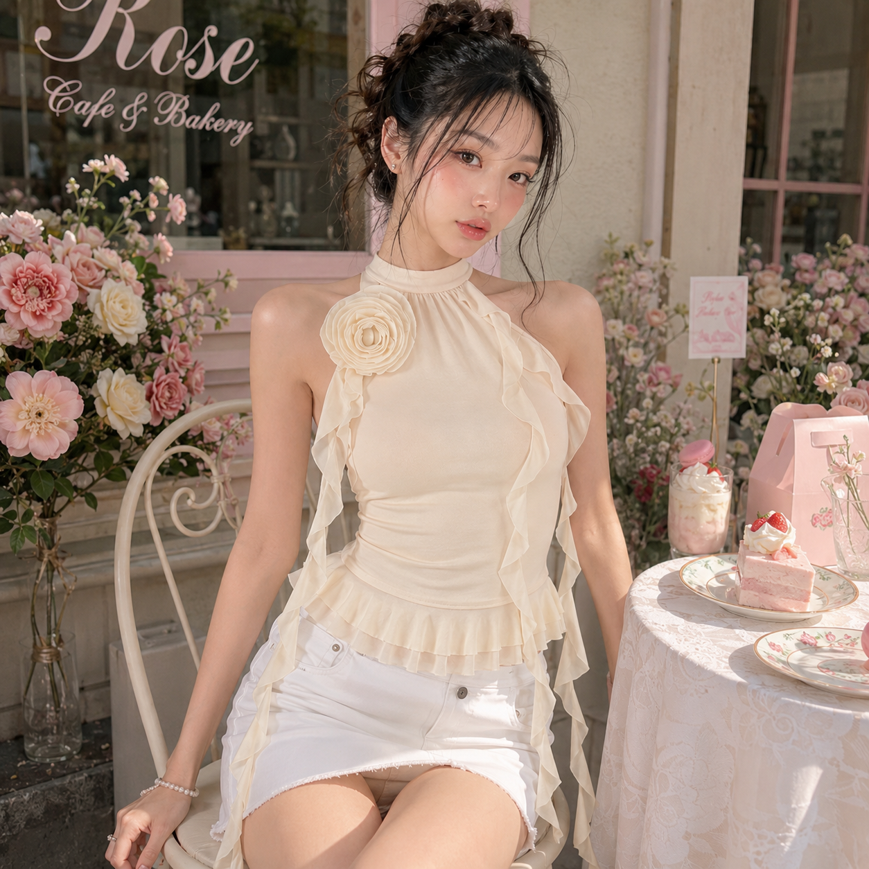 꽃 홀터넥 슬림핏 탑 - 상품 이미지