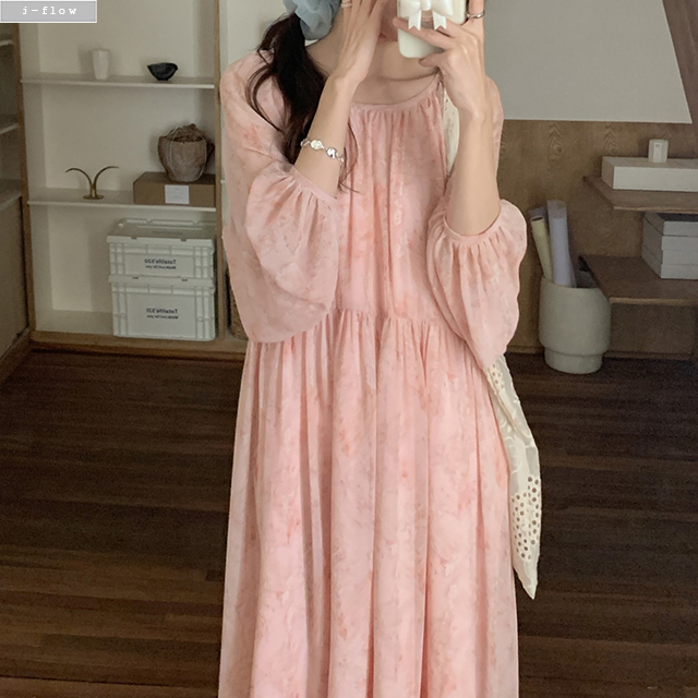 캔비 은은 플라워 쉬폰 루즈핏 맥시 롱원피스 2col 봄 여름 백리스 뒷매듭 제이플로우 이미지 7