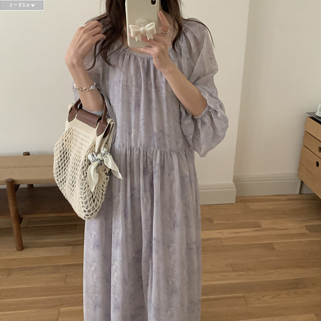 캔비 은은 플라워 쉬폰 루즈핏 맥시 롱원피스 2col 봄 여름 백리스 뒷매듭 제이플로우 이미지 8