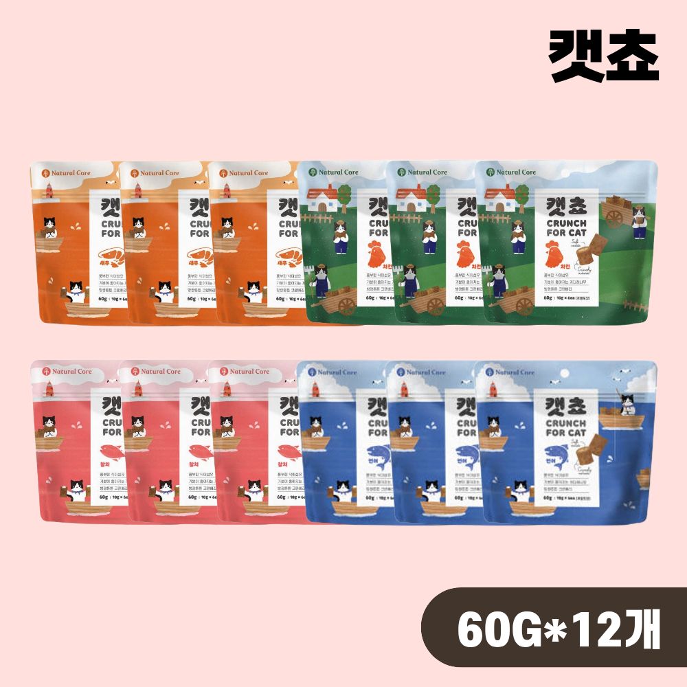 [+N포인트 5천] 네츄럴코어 캣쵸 치석제거 이빨과자 4종 콤보, 60g, 12개 - 상품 이미지