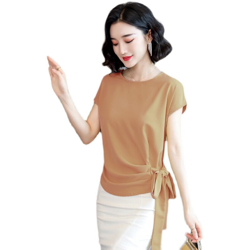 루즈핏 여성 상의 기본티 반팔 여자 티셔츠 옆매듭 언발라인 드레이프 블루 M - 상세 이미지 5