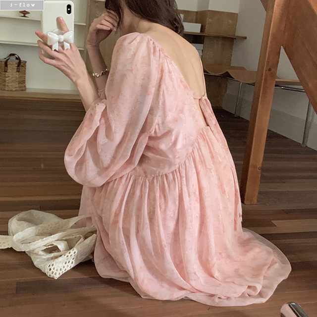 캔비 은은 플라워 쉬폰 루즈핏 맥시 롱원피스 2col 봄 여름 백리스 뒷매듭 제이플로우 - 상세 이미지 3