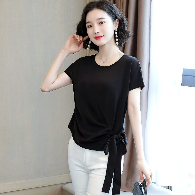 루즈핏 여성 상의 기본티 반팔 여자 티셔츠 옆매듭 언발라인 드레이프 블루 M - 상세 이미지 2