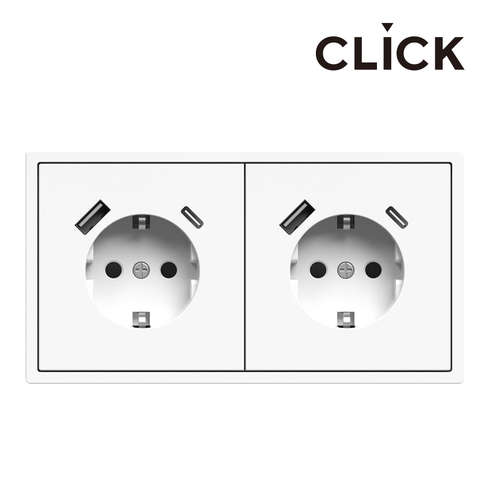 클릭 2구 USB 콘센트 A+C 유럽형 정사각 전기콘센트 매트화이트 콘센트 플라스틱박스 - 상품 이미지