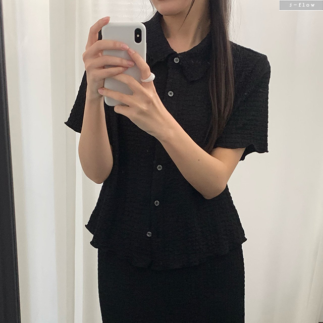 케이리 엠보 반팔 카라 블라우스 2col 여름 스탠다드 부클 셔츠 시어서커 제이플로우 - 상품 이미지
