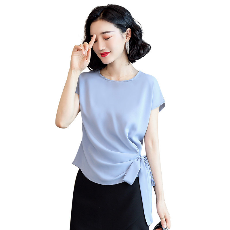 루즈핏 여성 상의 기본티 반팔 여자 티셔츠 옆매듭 언발라인 드레이프 블루 M - 상품 이미지