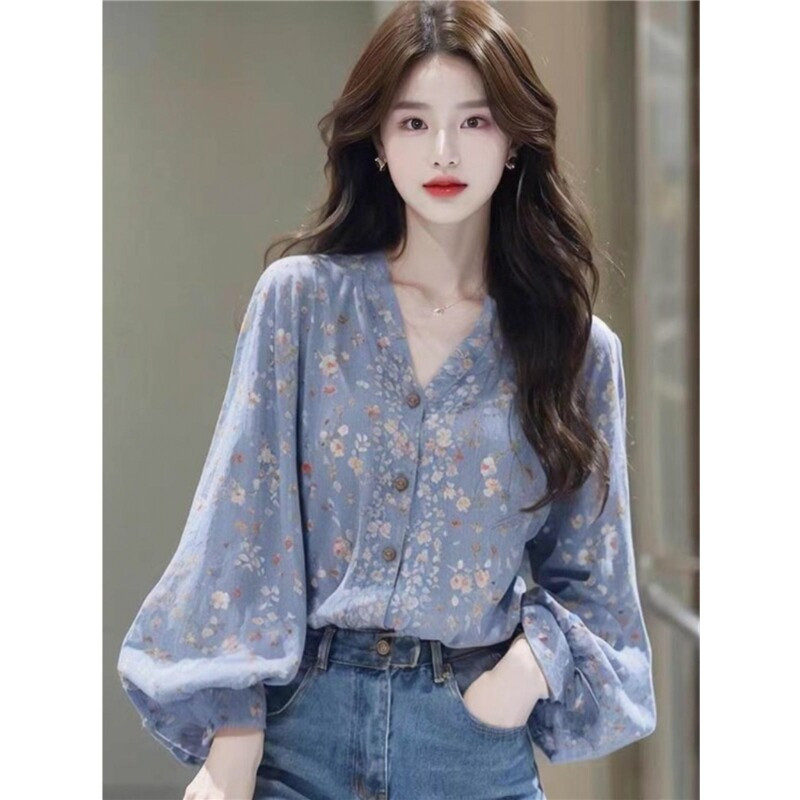 여성용 플라워 긴팔 셔츠 루즈핏 데일리 상의 꽃무늬 퍼프 소매 벌룬 버튼 브이넥 블루 - 상세 이미지 3