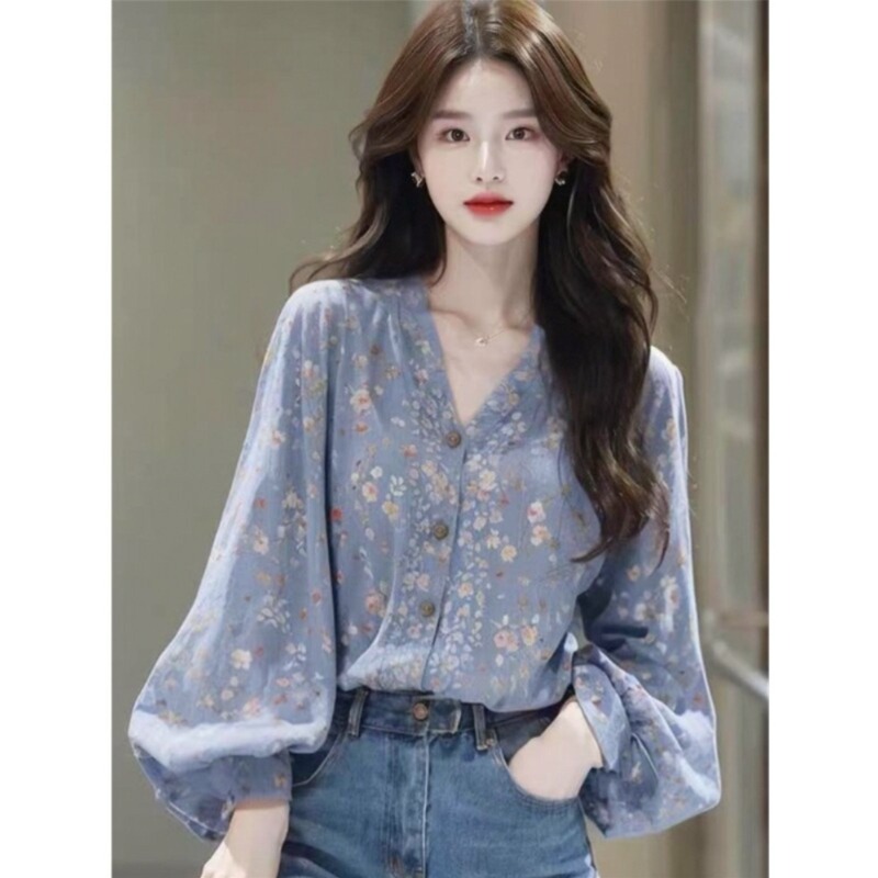 여성용 플라워 긴팔 셔츠 루즈핏 데일리 상의 꽃무늬 퍼프 소매 벌룬 버튼 브이넥 블루 - 상세 이미지 5