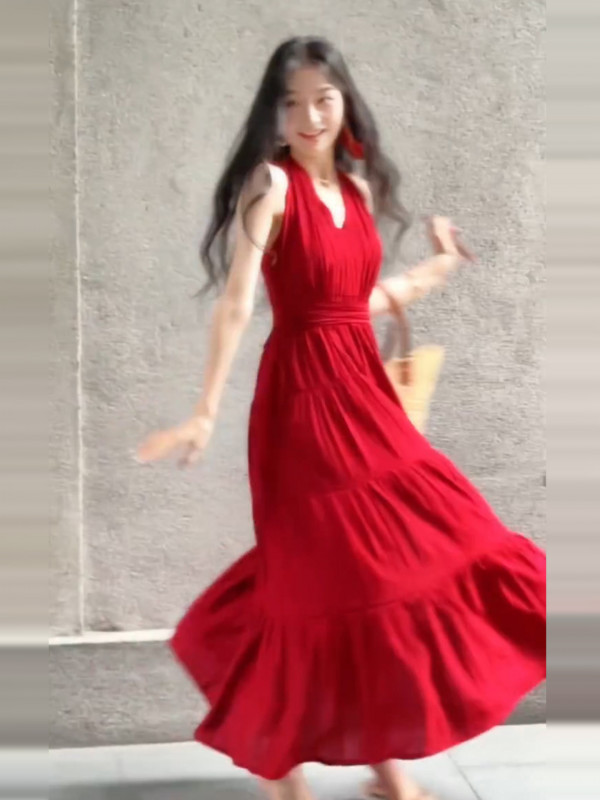 레드원피스 여름 홀터 A라인 롱 드레스 휴양지룩 - 상세 이미지 5