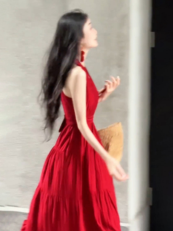 레드원피스 여름 홀터 A라인 롱 드레스 휴양지룩 - 상세 이미지 4