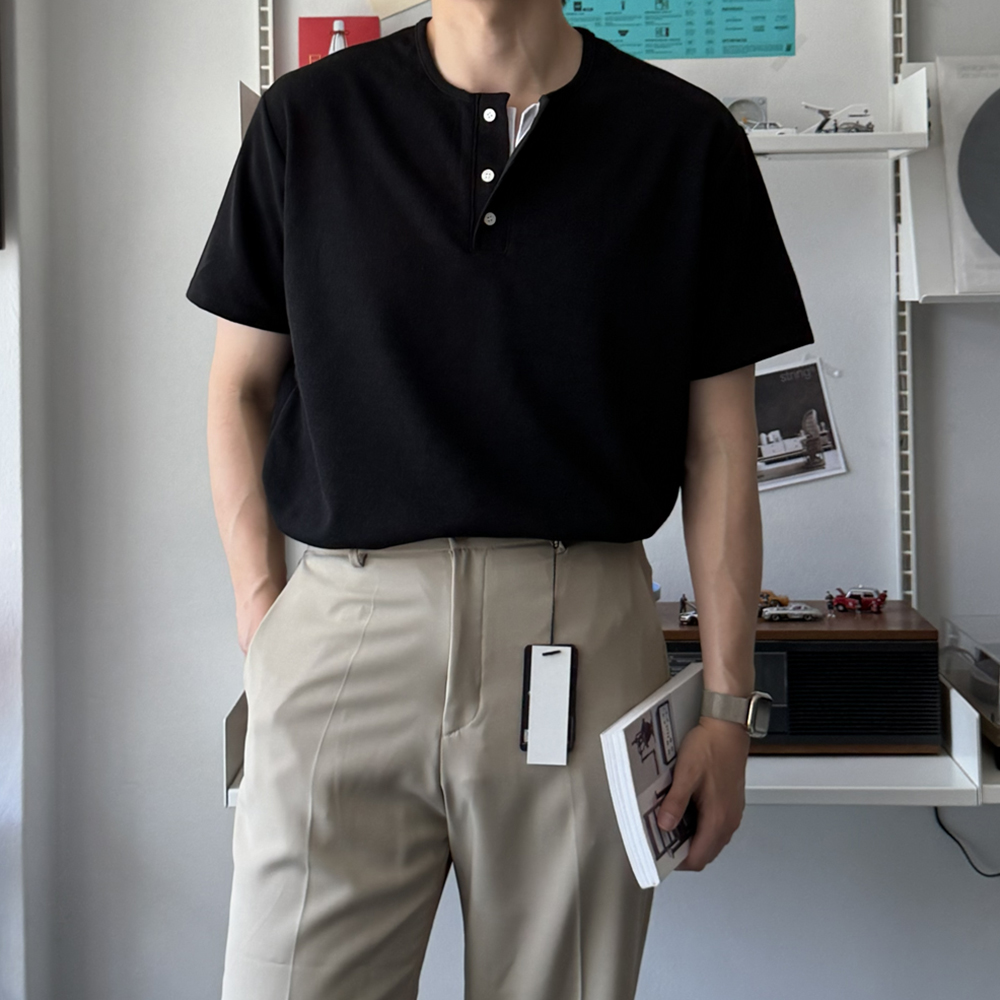남자 반팔티 구김없는 오버핏 여름 피케 헨리넥 반팔 티셔츠 - 상세 이미지 2