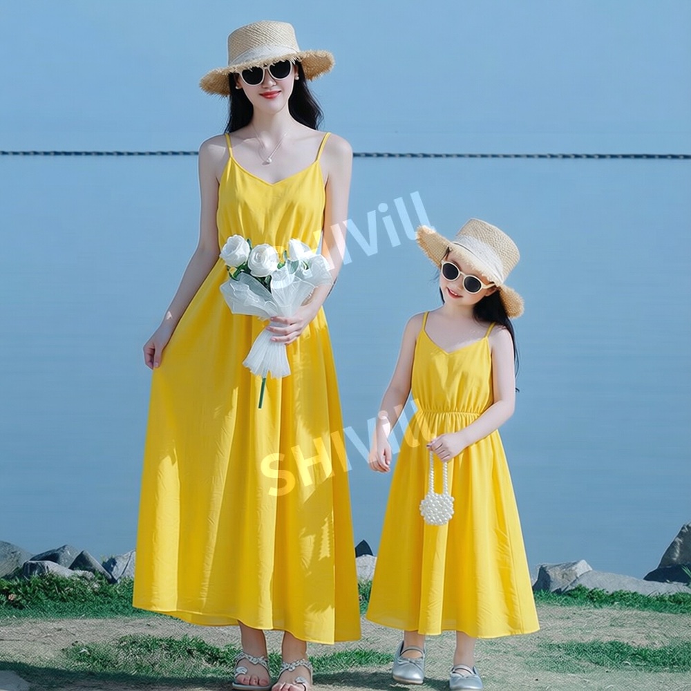 시밀러룩 비치 원피스 엄마 딸 커플룩 노랑 쉬폰 원피스 여름 패밀리 바캉스룩 휴양지 패션 - 상품 이미지