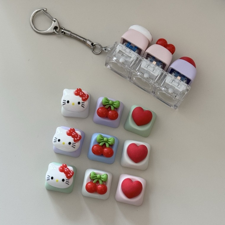 3구 키캡 키링 캐릭터 고양이 체리 하트 키보드 자판 딸깍이 클리커 led - 상품 이미지