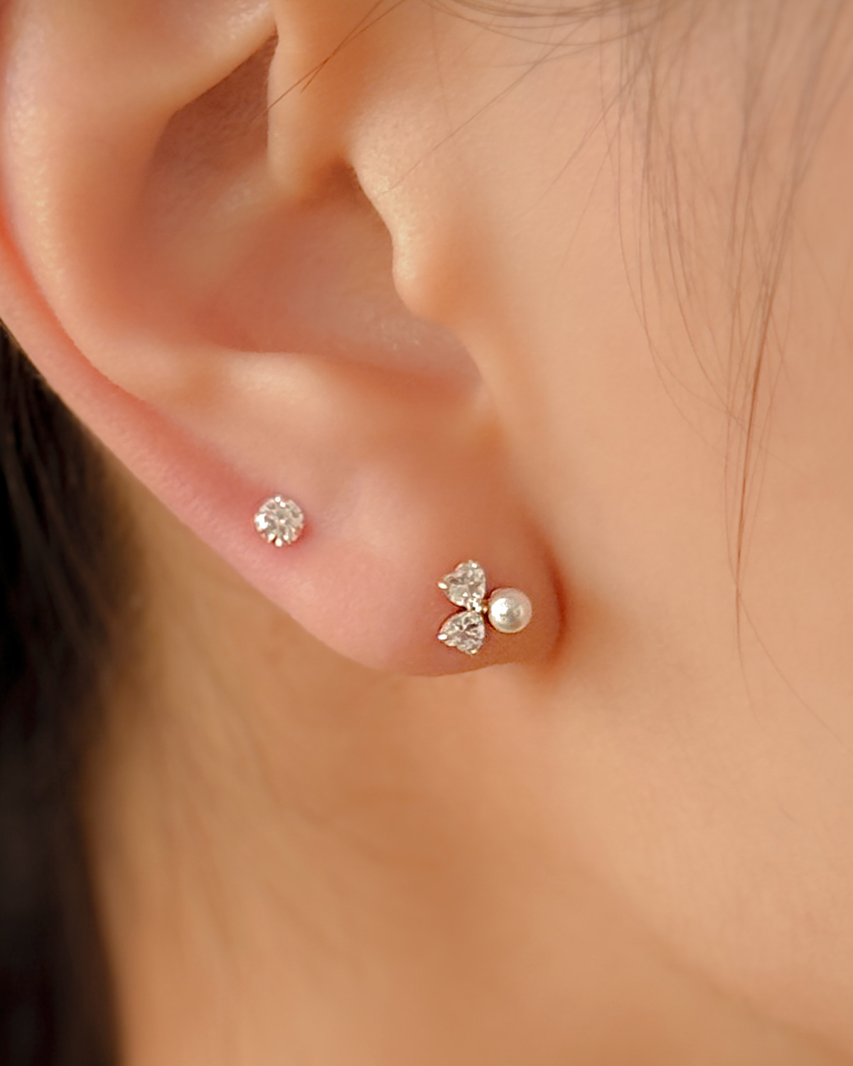 14k 세잎 진주 하트 큐빅 피어싱 - 클로버 귀걸이겸용 얇은피어싱 가벼운 심플 데일리 - 상품 이미지