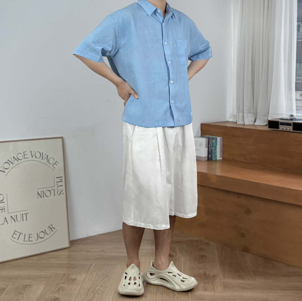 1+1 남자 반팔 셔츠 남성 남방 구김없는 시원한 쿨 여름 오버핏 크롭 린넨 셔츠 - 상세 이미지 4