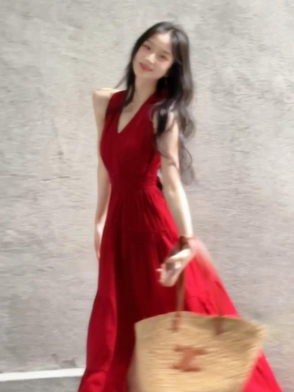 레드원피스 여름 홀터 A라인 롱 드레스 휴양지룩 - 상세 이미지 2