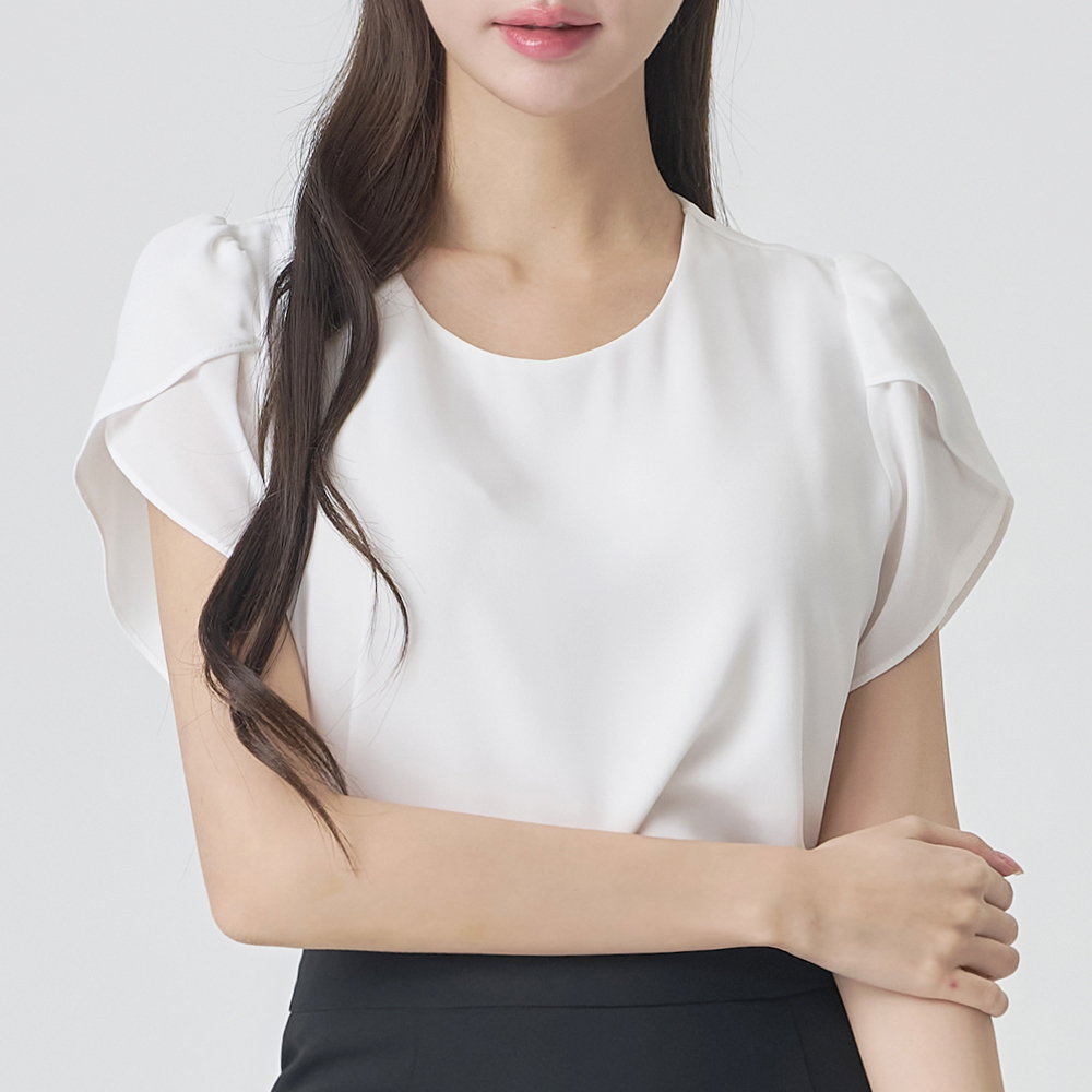 면접블라우스 라운드넥 정장 이너 화이트 블라우스 흰색 흰 쉬폰 셔링 여성블라우스 여름 상품 이미지