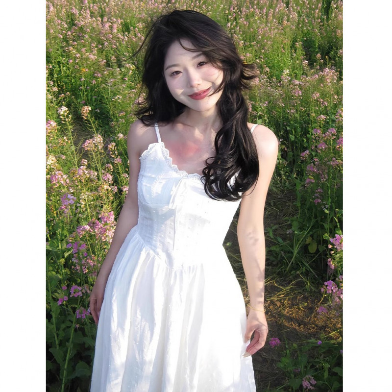 흰 원피스 휴양지 여행룩 호치민 슬림핏 반팔 화이트 코티지코어 소녀 감성 셀프웨딩 S - 상세 이미지 2