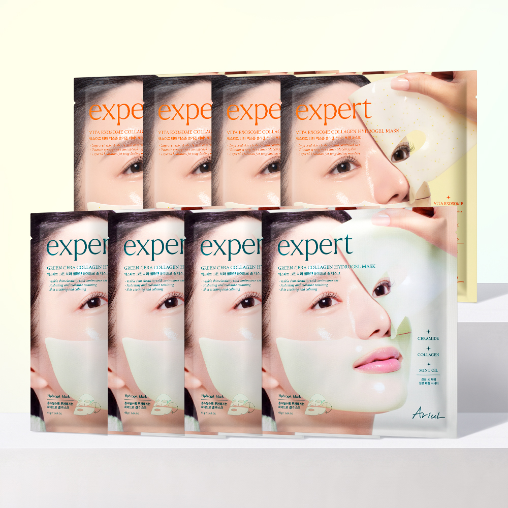 [진정·광채 케어] 아리얼 엑스퍼트 비타 엑소좀 콜라겐 하이드로겔 마스크 4매+그린 세라 콜라겐 겔 마스크 4매 - 상품 이미지