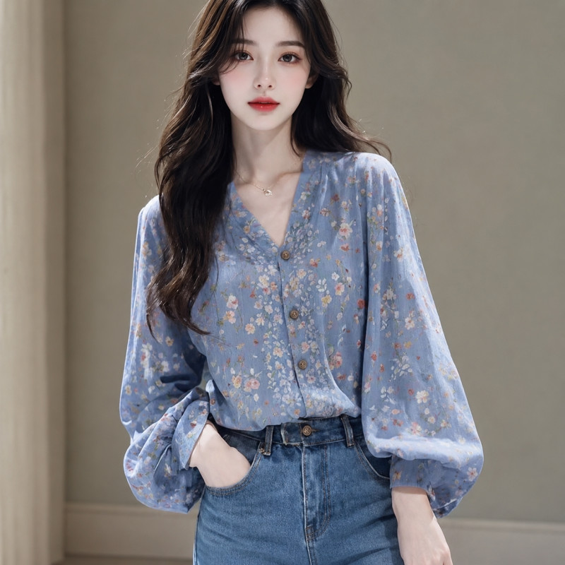 여성용 플라워 긴팔 셔츠 루즈핏 데일리 상의 꽃무늬 퍼프 소매 벌룬 버튼 브이넥 블루 - 상품 이미지