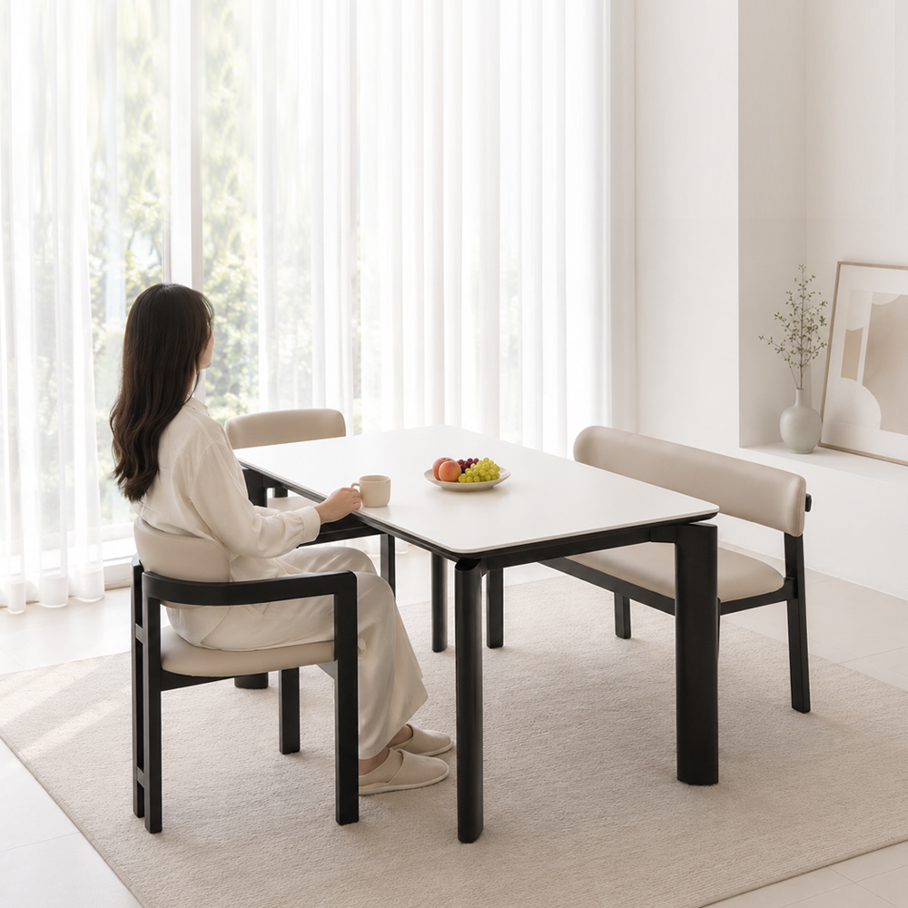 헤닝 에포크 블랙 원목 세라믹 식탁세트 식탁+의자2+벤치1, 1400mm, 아쿠틱스 - 상품 이미지