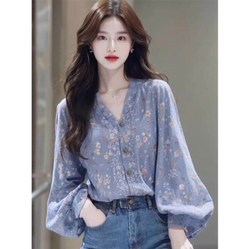 여성용 플라워 긴팔 셔츠 루즈핏 데일리 상의 꽃무늬 퍼프 소매 벌룬 버튼 브이넥 블루 - 상세 이미지 2