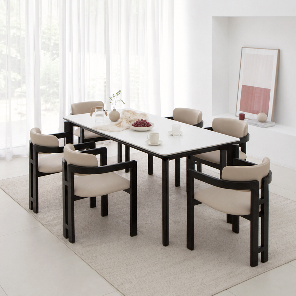 헤닝 에포크 블랙 원목 세라믹 식탁세트 식탁+의자6, 1800mm, 올화이트 - 상품 이미지
