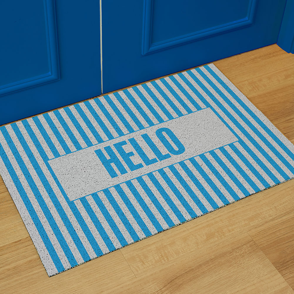 코메샵 웰컴 매트 헬로 HELLO WM12-1 스트라이프 파랑  하이 어서오세요 현관 코일매트 90x60cm - 상품 이미지
