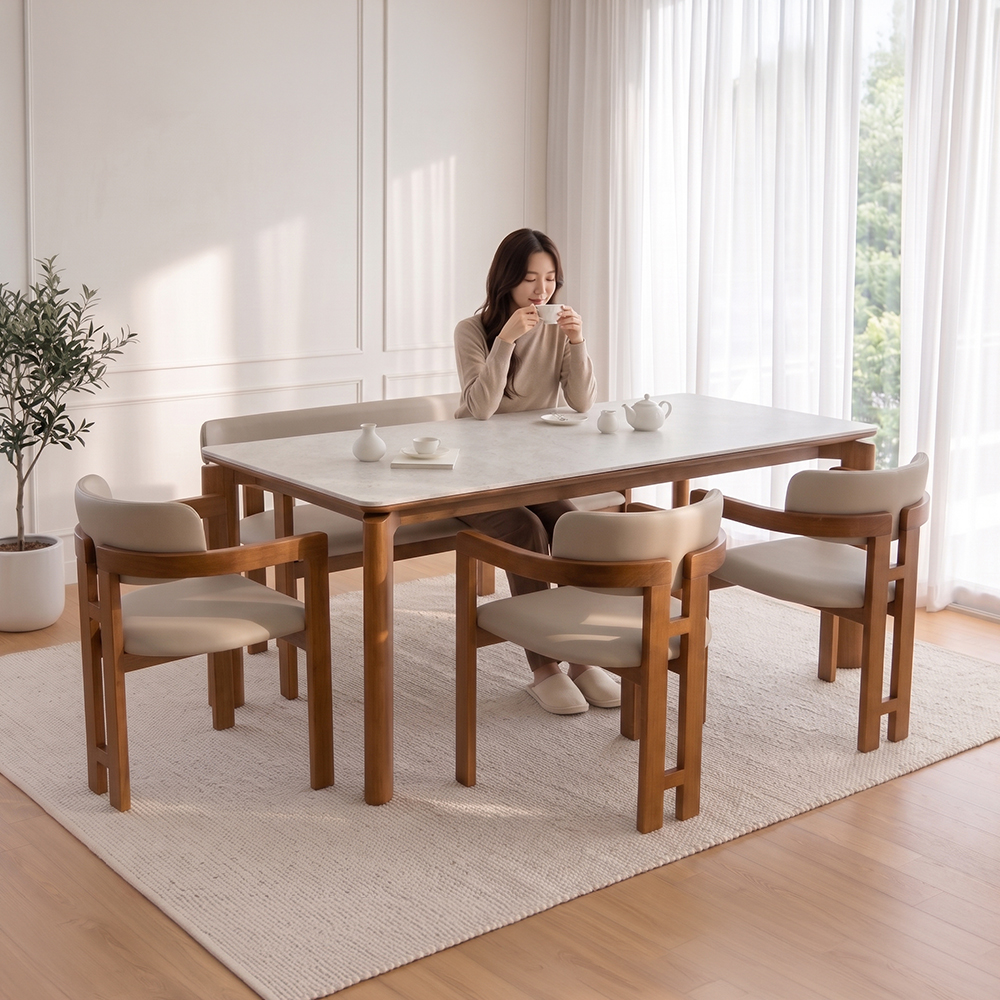 헤닝 에포크 원목 세라믹 식탁세트 식탁+의자3+벤치1, 1800mm, 아쿠틱스 - 상품 이미지