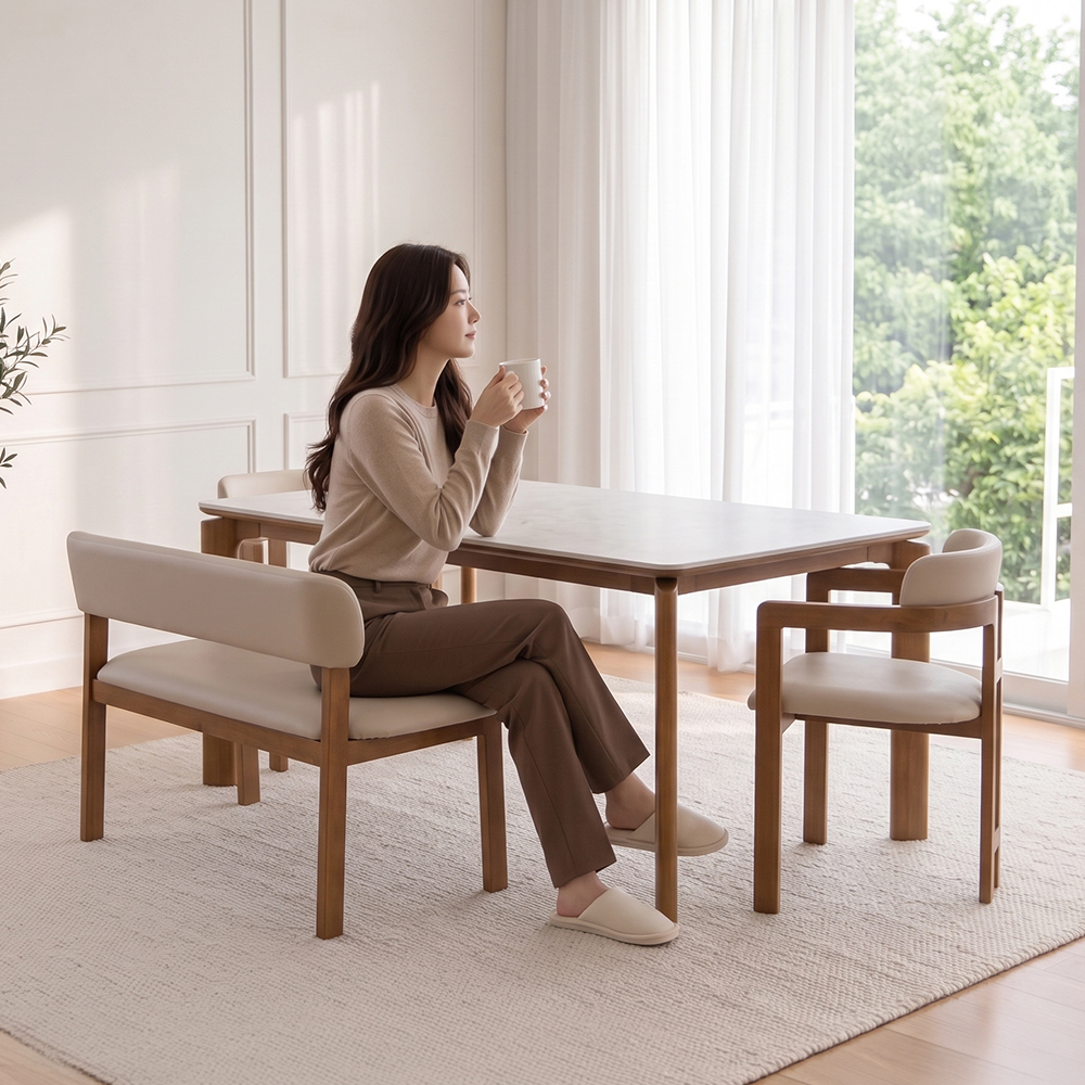 헤닝 에포크 원목 세라믹 식탁세트 식탁+의자2+벤치1, 1400mm, 아쿠틱스 - 상품 이미지
