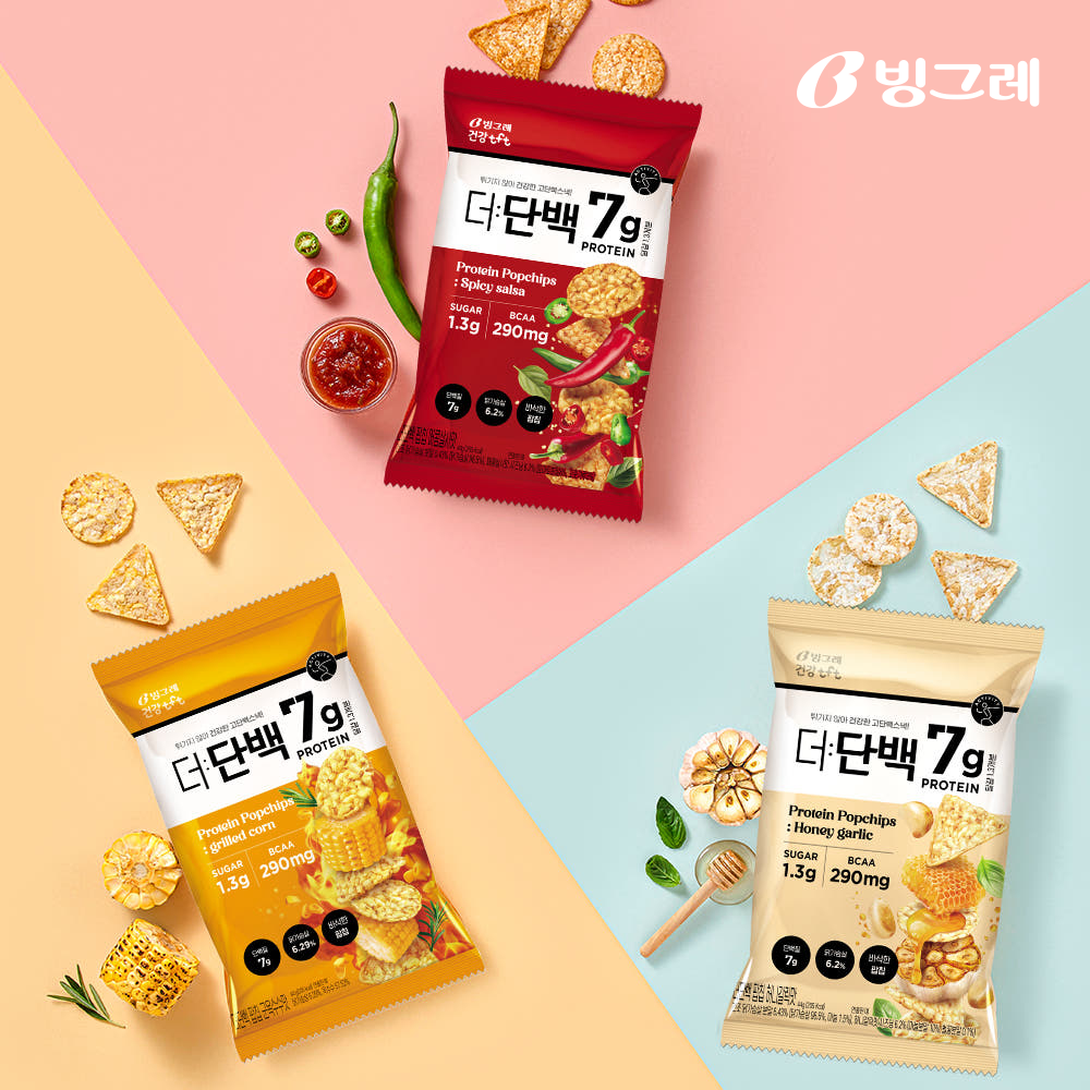 빙그레 더단백 팝칩 군옥수수,허니갈릭,매콤살사 각 4개, 44g, 12개 - 상품 이미지