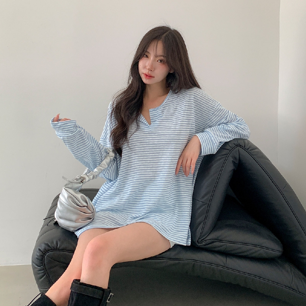 시스루티셔츠 여름긴팔티 스트라이프 빅사이즈 오버핏 단작 티셔츠 이미지 6