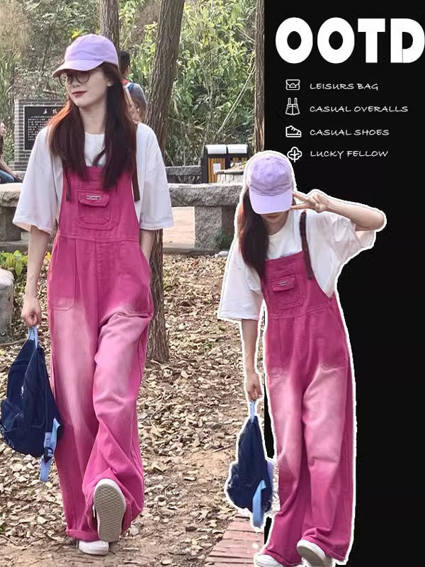 여성 데님 오버롤 핑크 여름 와이드 점프수트 청바지 워크웨어 멜빵 바지 루즈핏 팬츠 - 상세 이미지 5