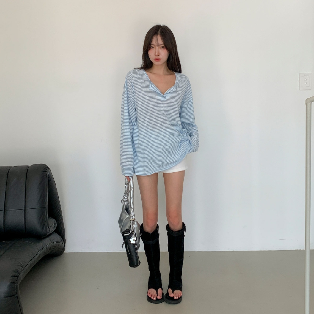 시스루티셔츠 여름긴팔티 스트라이프 빅사이즈 오버핏 단작 티셔츠 - 상세 이미지 3