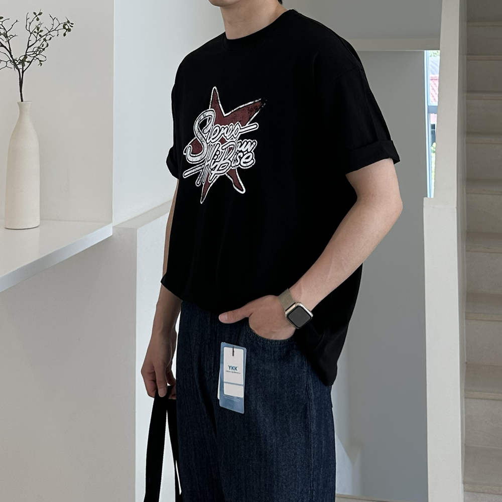 남자 반팔티 오버핏 레터링 나염 여름 흰색 면 반팔 티셔츠 이미지 6