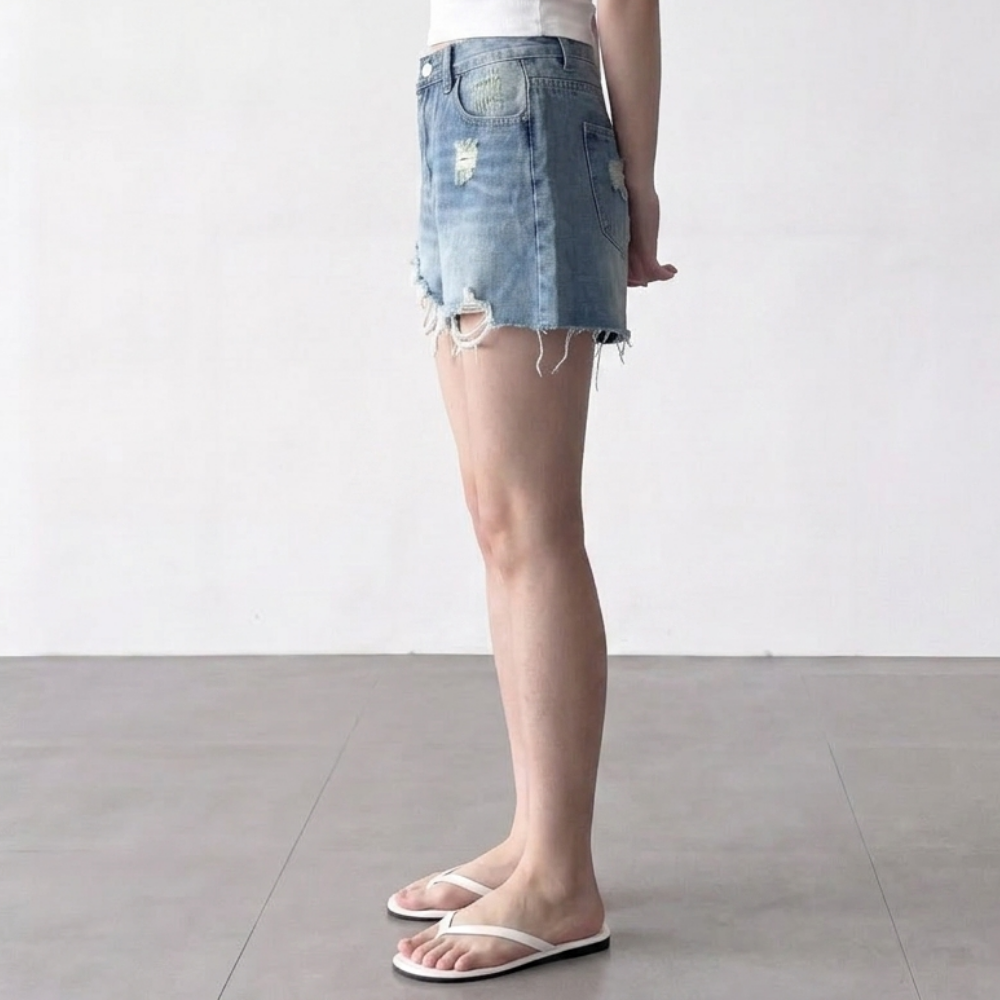 여성 하이웨스트 찢어진 데님 반바지 빈티지 구제 3부 연청 청반바지 - 상세 이미지 4