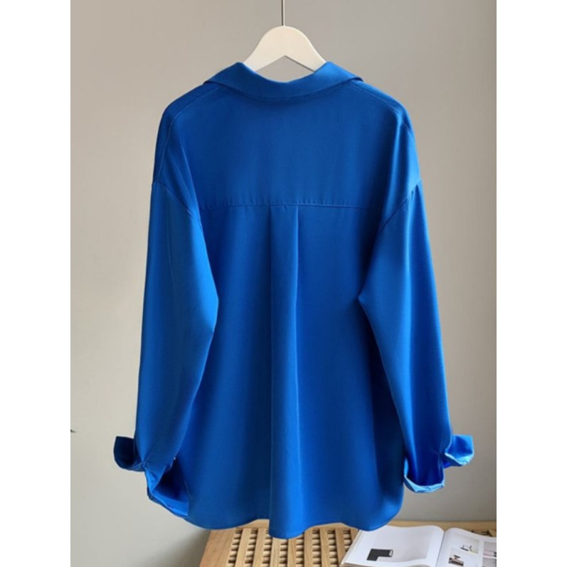 쉬폰 여성 정장 셔츠 코발트블루 실키 블라우스 턴업 와이드 커프스 블루 S 40-50kg - 상세 이미지 2
