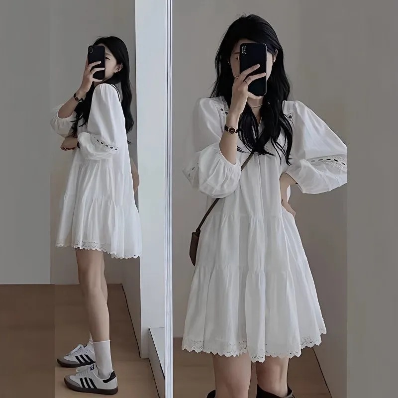 화이트 셔츠 원피스 여름 미디 스커트 3부소매 - 상품 이미지