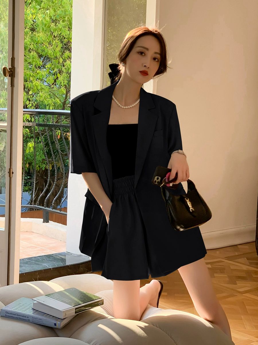 블루바구니 여름 여성 투피스 정장셋업 구김없는 정장 세트 슬림핏 자켓+반바지 - 상세 이미지 4