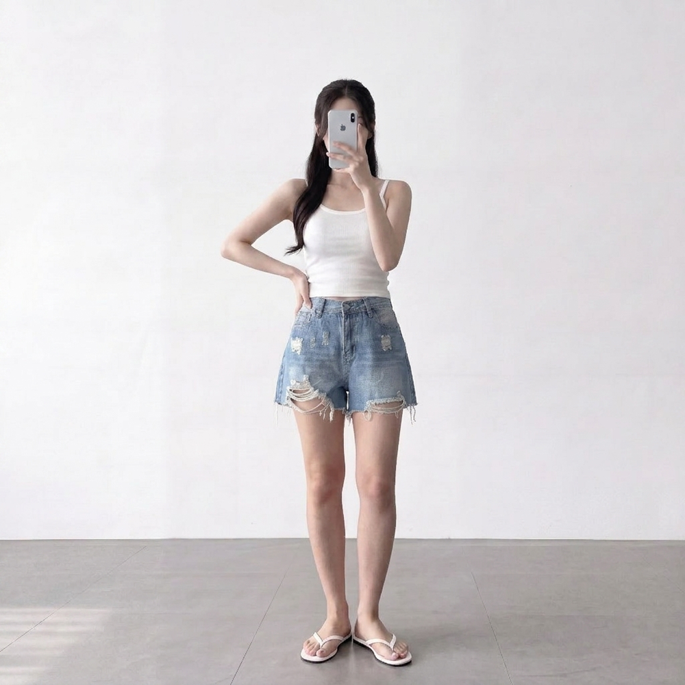 여성 하이웨스트 찢어진 데님 반바지 빈티지 구제 3부 연청 청반바지 이미지 7